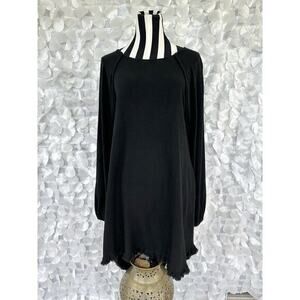 Umgee Small Black Thick Linen Dress Fringed Hi Low Hem Lagenlook Hippie USA